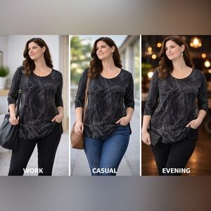 AGB Dress Black Silver Abstract Swirl Long Sleeve Blouse Size 14 Made USA